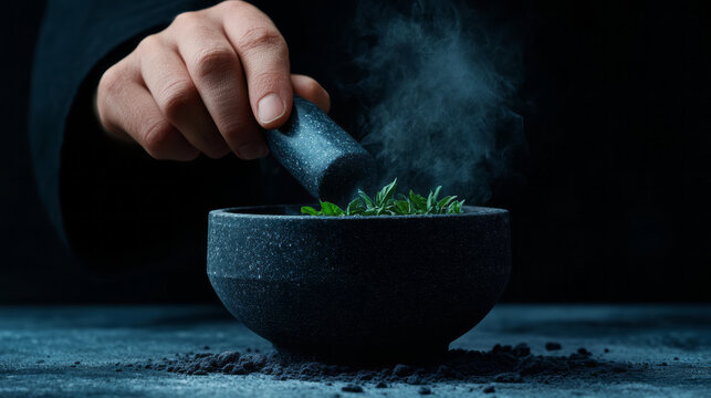 Hand Grinding Fresh Herbs in a Black Mortar and Pestle with Smoke and Dark Background - Powered by Adobe