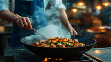 Chef Stir-Frying Fresh Vegetables and Meat in Large Wok Kitchen Setting with Steam Rising