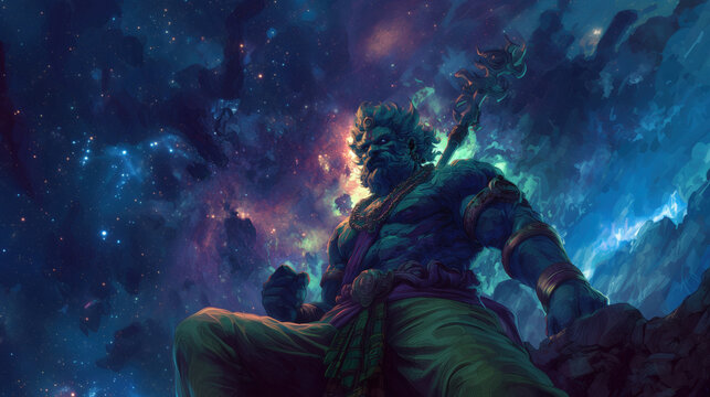 Illustration of Hindu Demon King Rahu with Cosmic Backdrop
