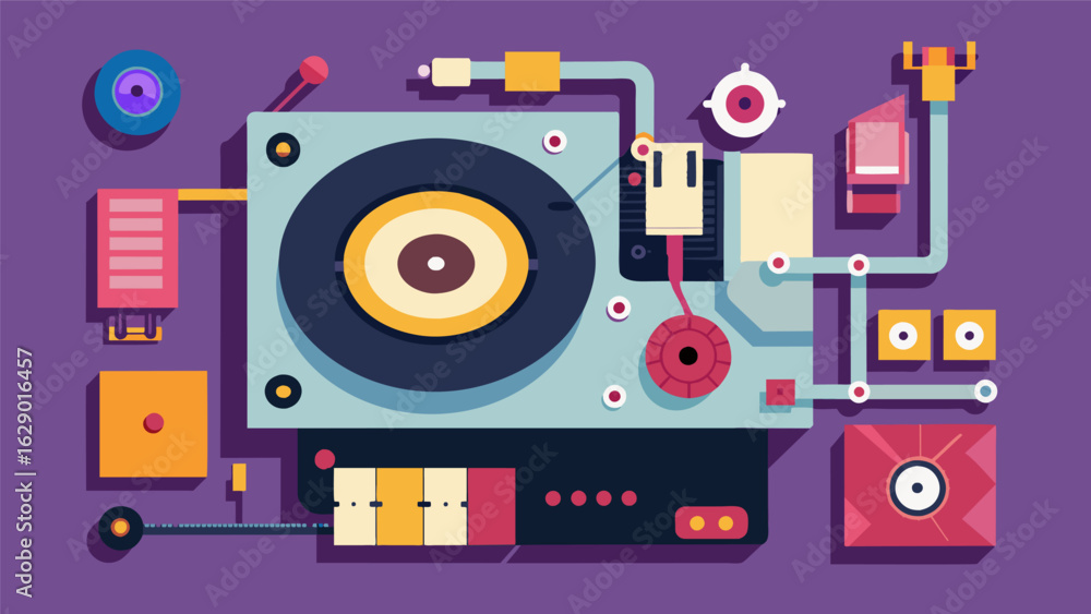 Poster a complete view of the record players internal workings showcasing the complex system of parts that 