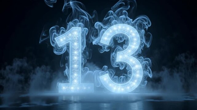 Mystical glowing number 13 emerges from ethereal blue smoke and sparkling lights