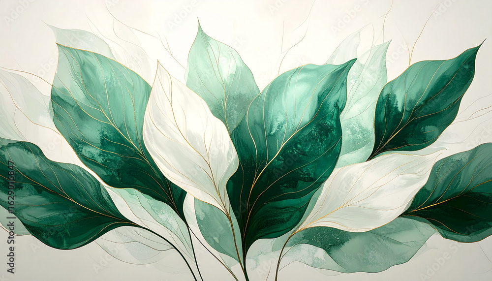 Poster Elegant botanical Leaf pattern: a serene and artistic composition of overlapping leaves in a spectrum of verdant hues, creating a captivating visual display of botanical forms 