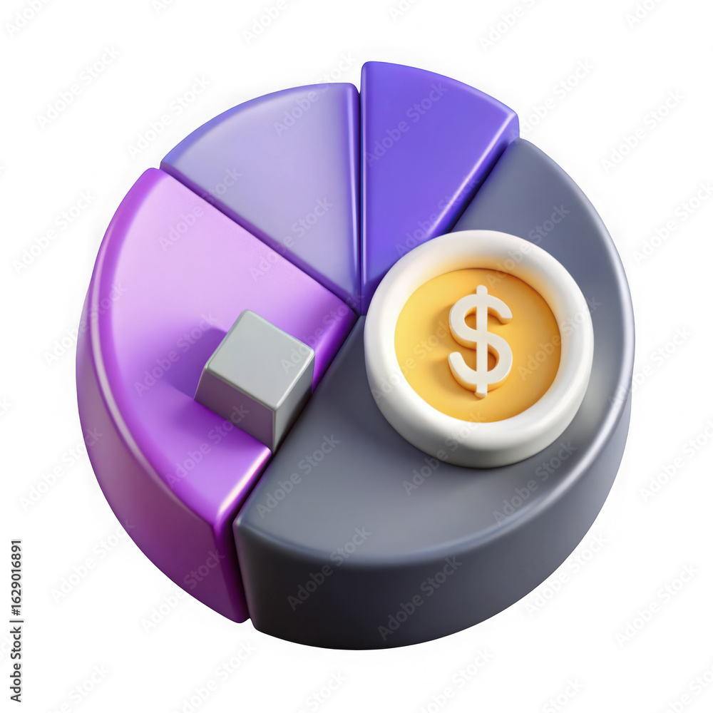 Poster 3d illustration of a colorful 3d pie chart showing financial data and market share with a dollar coi