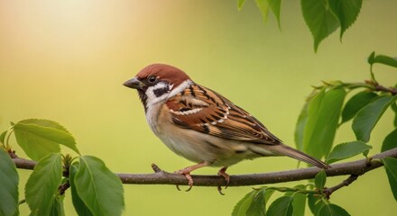 A small brown sparrow with distinctive markings perches calmly on a leafy tree branch against a soft, natural background.