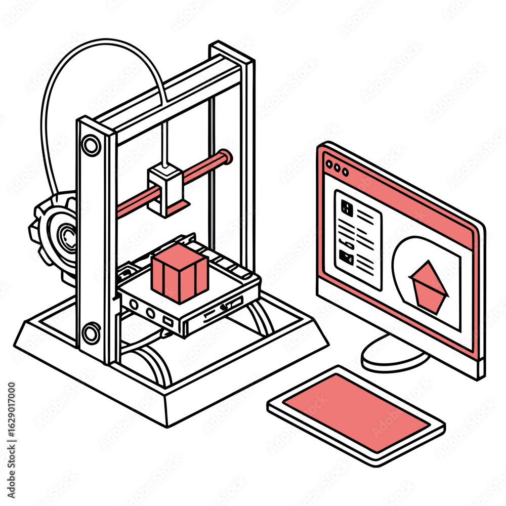 Poster vector art of isometric illustration of a 3d printer with computer isolated on white background