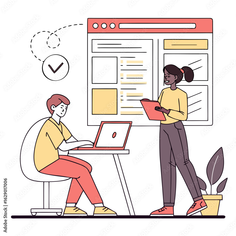 Poster vector art of team working on website design and development isolated on white background