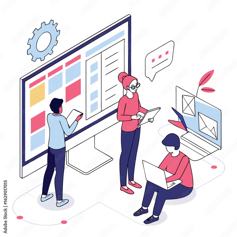 Poster vector art of teamwork and collaboration on a web design project isolated on white background