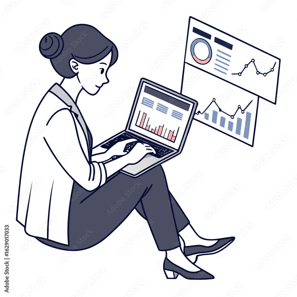 Poster vector art of woman analyzing data on laptop with floating charts, isolated on white background