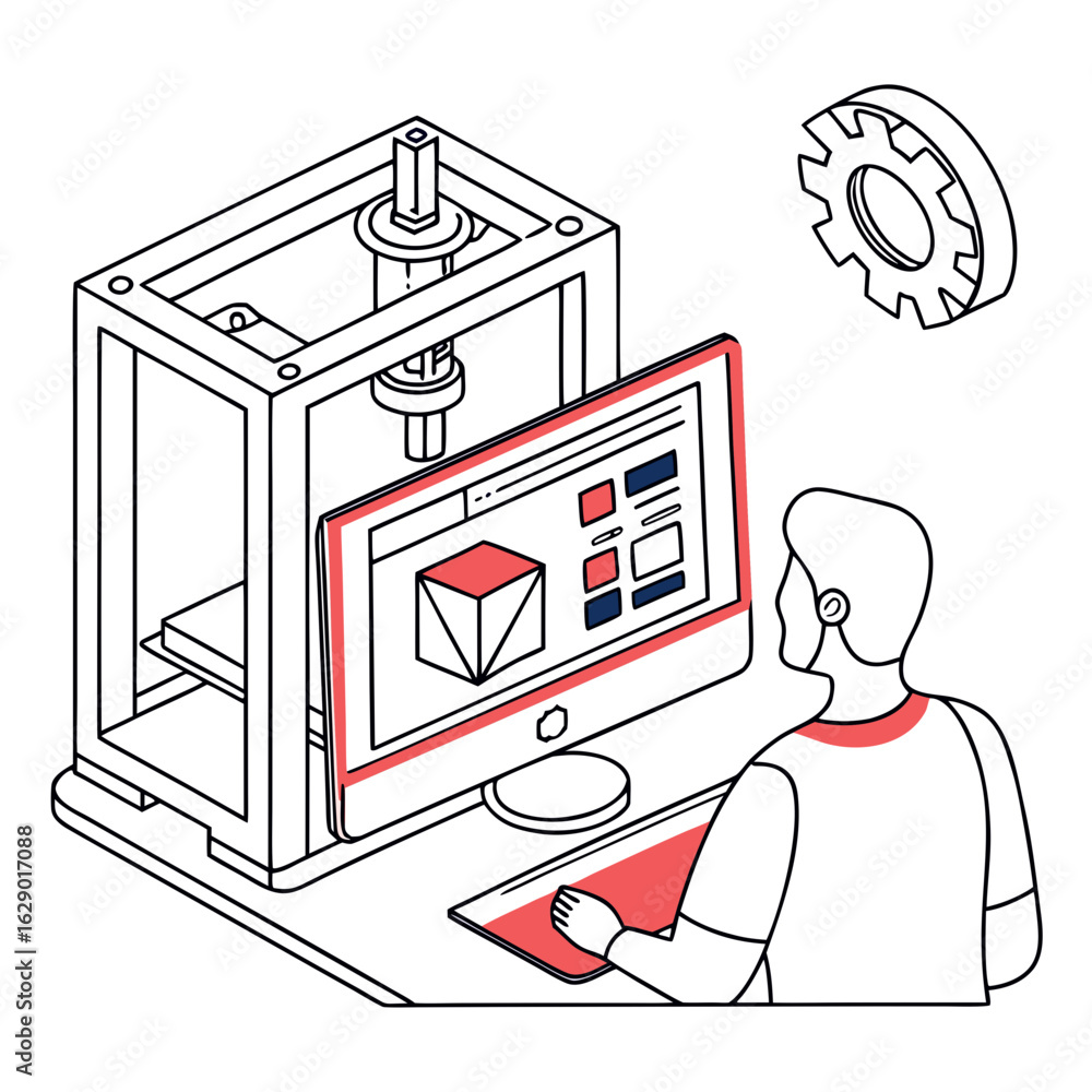Poster vector art of isometric illustration of a 3d printer with a man working on it