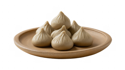 Seven modaks on a round plate, created with AI, PNG