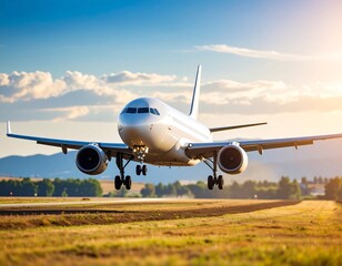 Obraz premium Airplane landing on runway during sunset