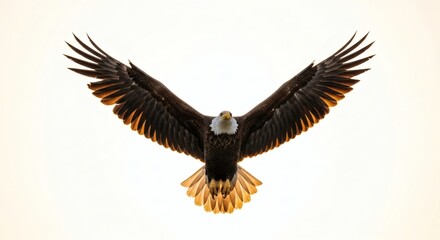 Obraz premium A majestic bald eagle soars symmetrically with wings spread wide, isolated on a clean white background.