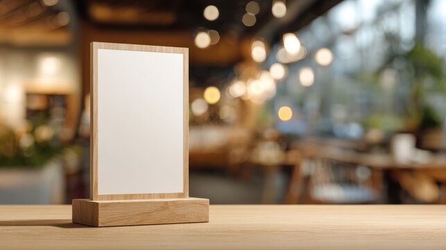 Blank menu board on wooden table in cafe or restaurant blurred background.