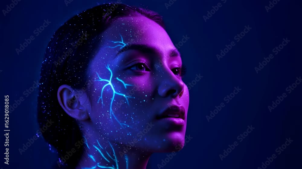 Poster woman with glowing lines and dots on skin. digital bio-hacker, brain activity or neural network conc
