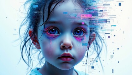 Digital Child Conceptual Portrait of a Young Girl with Data Overlay and Futuristic Aesthetic