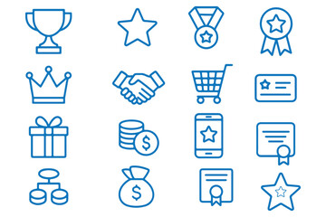 Benefit set of web icons in line style. Exclusive benefits linear icon collection. Containing reward, bonus, loyalty, star, winner, award, prize, incentive, reward and more. Editable stroke