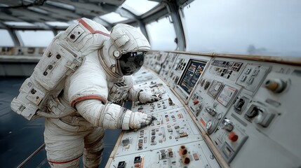 AI robot technician working at advanced control panel inside a futuristic power plant with blue light and reflective metal surfaces, realistic photo style.