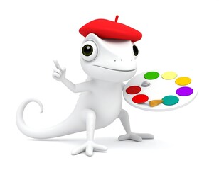 Fototapeta premium A whimsical 3D rendering of a white chameleon artist, wearing a beret and holding a paint palette