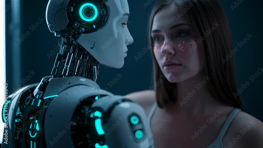 Poster woman with futuristic robot. human and artificial intelligence connection. sci-fi technology future 