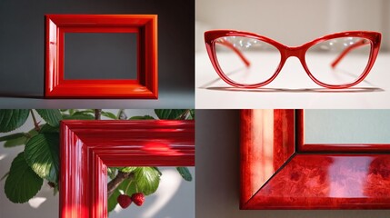 Quad of red frames empty frame, glasses, plant close-up, frame corner detail