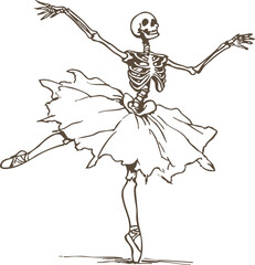 Whimsical illustration of skeleton gracefully dancing in tutu, capturing playful and artistic expression. skeleton is posed in ballet position, showcasing elegance and movement