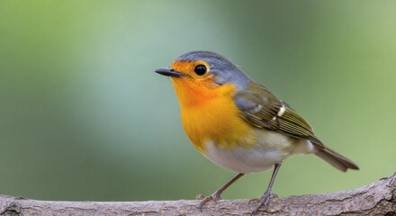 Fototapeta premium A small, colorful bird with a bright orange throat and blue-grey head perches on a branch.