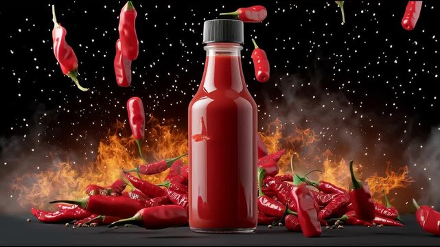 Fiery Hot Sauce Bottle with Exploding Chili Peppers and Flames