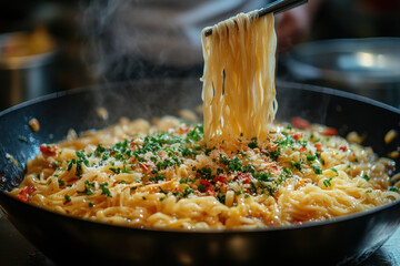 Person stirring pasta in bowl.