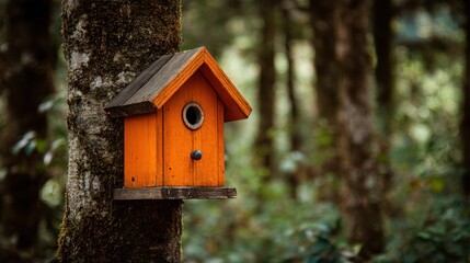 Orange Birdhouse in a Forest