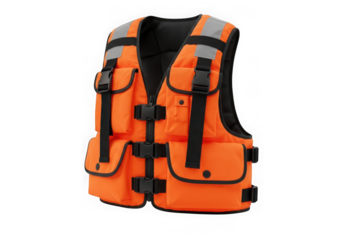 Bright orange safety vest with multiple pockets and reflective strips isolated on transparent background