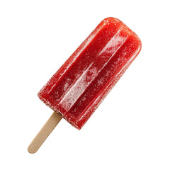 Refreshing red popsicle on a stick, glistening with frost and ready to be enjoyed on a hot summer day, perfect for cooling down and satisfying sweet cravings