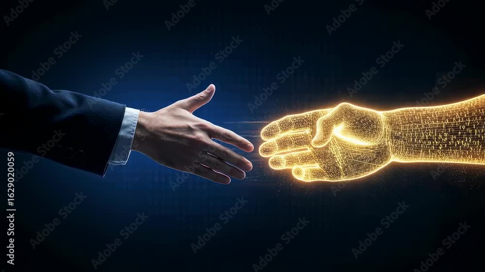 Poster man reaches out to shake a glowing digital hand representing artificial intelligence business partne