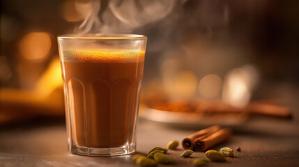 Fresh Masala Tea in a White Cutting Chai Glass Decorated with Herbs and Spices
