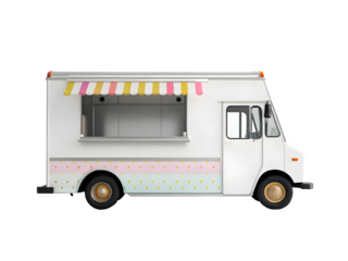 Bright white food truck with cheerful awning and playful polka dots, ready for summer events
