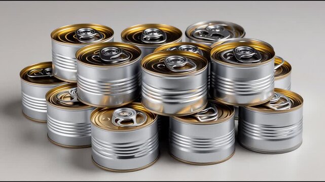 A Cluster of Metallic Silver and Gold Toned Canned Goods