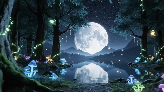 Enchanted Night Forest with Glowing Mushrooms and Magical Lights