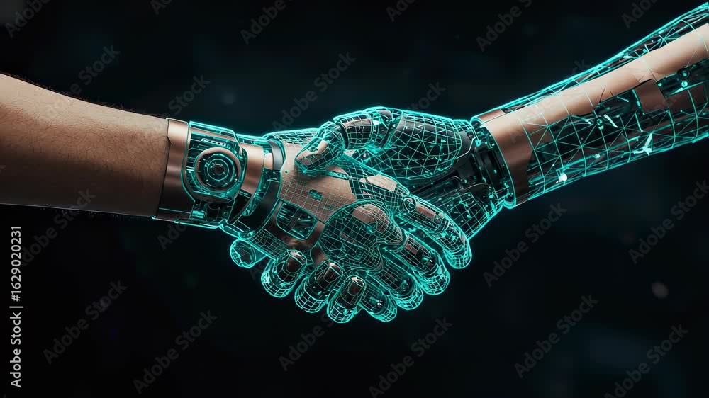 Poster man's hand shaking a robotic hand. human and artificial intelligence meeting in future digital techn