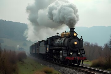 Vintage steam train chugging through the countryside, emitting billowing smoke with nostalgic charm