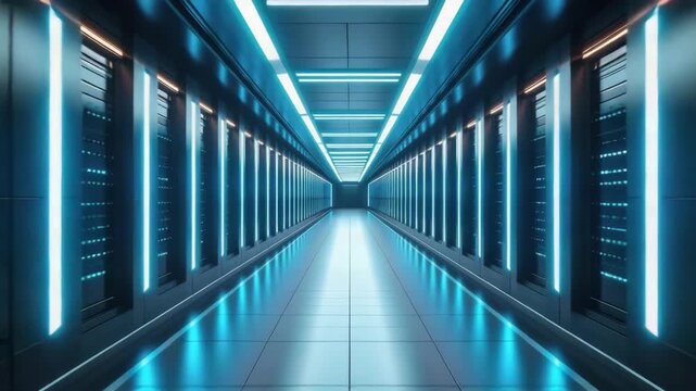 Futuristic data center corridor with rows of server racks illuminated by glowing blue neon lights. Digital technology concept.