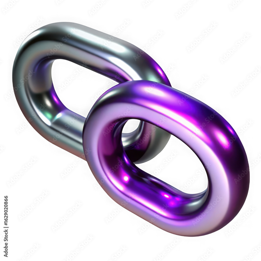 Poster 3d illustration of two interlocked metallic rings represent a strong connection and a secure network