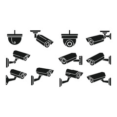 Art of collection of various security cameras, including dome and bullet types, isolated on white background