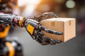 AI robot with mechanical hands sorting packages on warehouse shelves in a modern automated facility, sharp lines and cold lighting, ultra detailed.