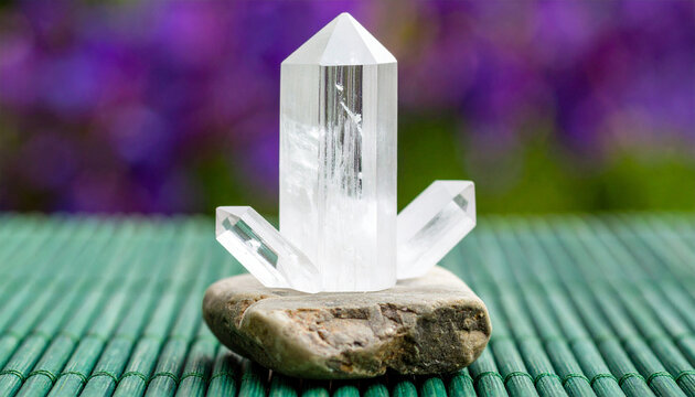 Crystal Clarity: a clear quartz crystal sits on a stone against a backdrop of vibrant purples, embodies purity, focus, and amplification, capturing the essence of mindfulness and spiritual alignment.