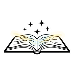 Art of open book with magical sparkles emanating from its pages, symbolizing knowledge and imagination, isolated on white background