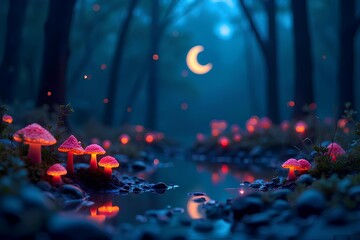 Enchanted Forest with Glowing Mushrooms at Night Under Moonlight Reflection in Water, Dreamy