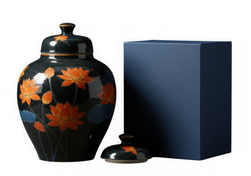 Ornate black vase with orange floral design isolated on transparent background