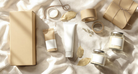 Cosmetic product packaging mockup on linen fabric in sunlight