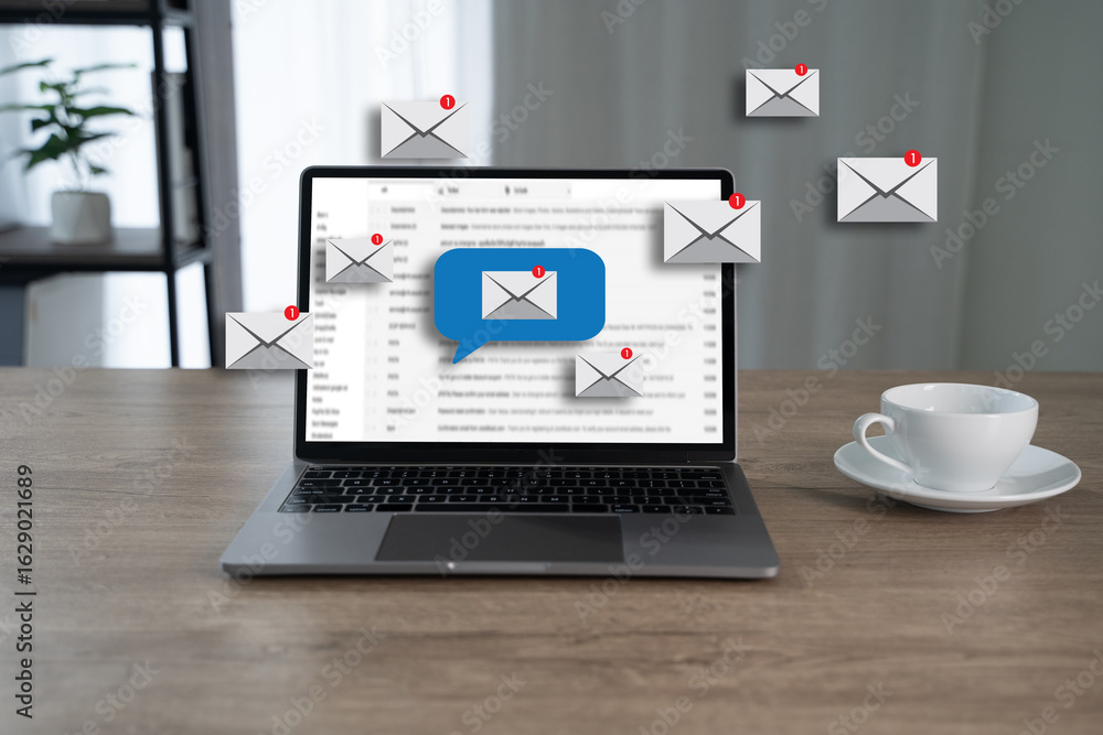 Poster email communication concept shown through notification icons flying around a laptop screen, represen