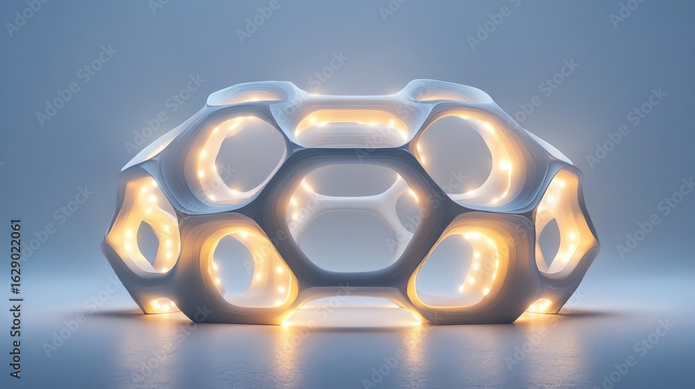 Poster abstract 3d model, glowing structure, studio shot. possible use stock photo for architecture, design