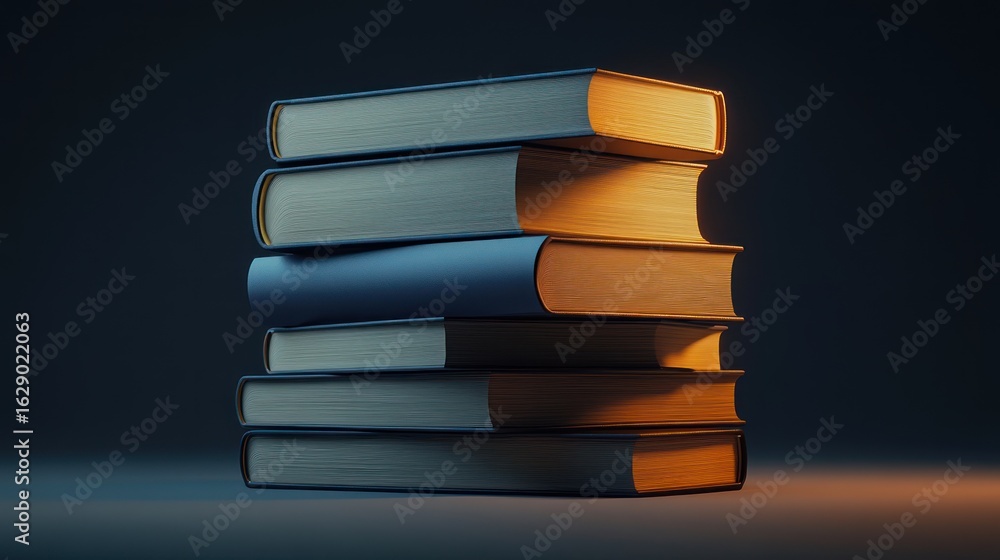 Poster stack of books illuminated by soft light